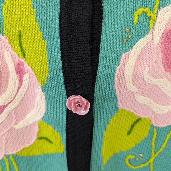 Sweater Teal Black Pink Rose Buttons And Rose And Gold Design Size S - Picture 4 of 7